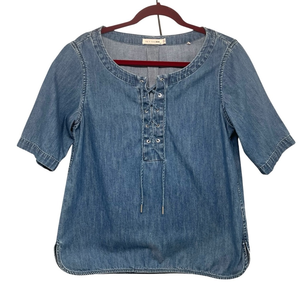 Rag & Bone Chambray Lace Neck Short Sleeve Popover Top Women’s Small - Picture 3 of 7